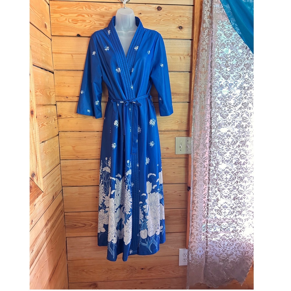 Vintage Long Floral Robe Womens Large Peacock Blue Good Wrap Belted Sears Asian